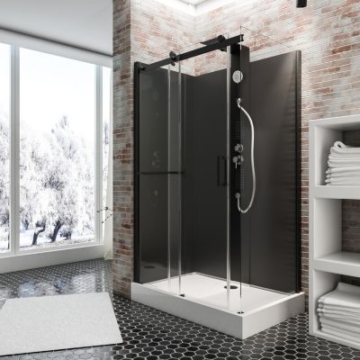 Cabine de douche intégrale rectangulaire hydromassante, L.120 x l.80 x H.224 cm, porte coulissante, profilé noir, Schulte Korsika
