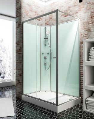 Cabine de douche intégrale rectangulaire, L.120 x l.80 x H.204 cm, porte coulissante réversible, profilé alu-argenté, Schulte Ibiza