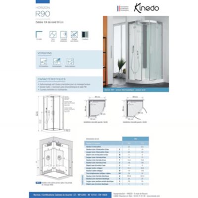 Cabine de douche KINEDO HORIZON 90x90 1/4 de rond hauteur receveur 12,5cm thermostatique finition acier