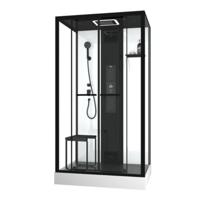 Cabine de douche l.115 x L.90 x H.215 cm – hammam, hydromassante connectée, siège, noir & blanc, Galedo Relax Hammam