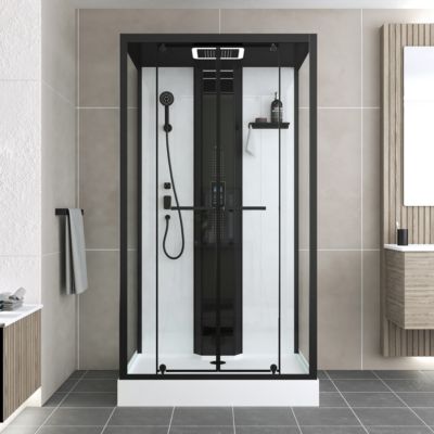 Cabine de douche l.115 x L.90 x H.215 cm – hammam, hydromassante connectée, siège, noir & blanc, Galedo Relax Hammam
