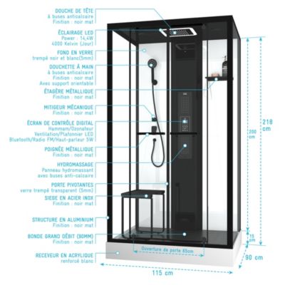 Cabine de douche l.115 x L.90 x H.215 cm – hammam, hydromassante connectée, siège, noir & blanc, Galedo Relax Hammam