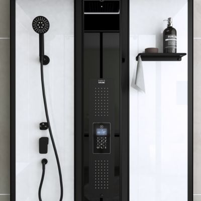 Cabine de douche l.115 x L.90 x H.215 cm – hammam, hydromassante connectée, siège, noir & blanc, Galedo Relax Hammam