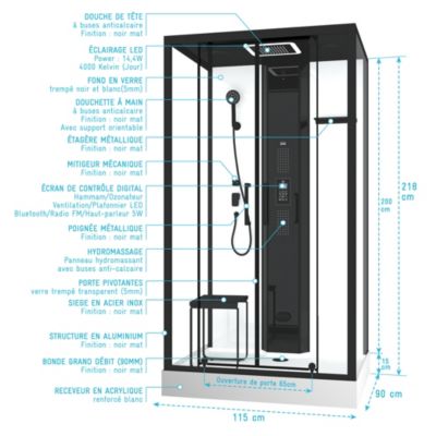 Cabine de douche l.115 x L.90 x H.215 cm – hammam, hydromassante connectée, siège, noir & blanc, Galedo Relax Hammam