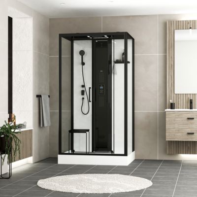 Cabine de douche l.115 x L.90 x H.215 cm – hammam, hydromassante connectée, siège, noir & blanc, Galedo Relax Hammam