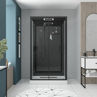 Cabine de douche l.115 x L.90 x H.220 cm – hydromassante connectée, Bluetooth, noir & blanc, plafond lumineux, Galedo Aura