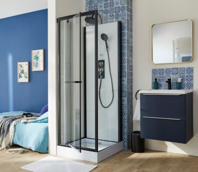 Cabine de douche l.70 x L.70 x H.230 cm – porte pivotante, style industriel noir & blanc, Galedo City