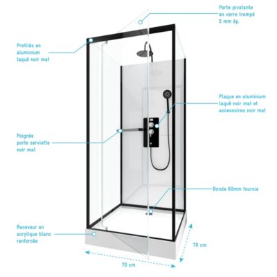 Cabine de douche l.70 x L.70 x H.230 cm – porte pivotante, style industriel noir & blanc, Galedo City