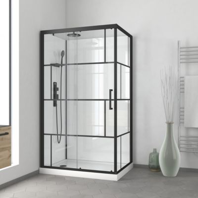 Cabine de douche l.80 x L.110 x H.210 cm – mitigeur mécanique, blanc et noir effet verrière, Galedo Graphic