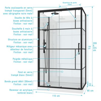 Cabine de douche l.80 x L.110 x H.210 cm – mitigeur mécanique, blanc et noir effet verrière, Galedo Graphic