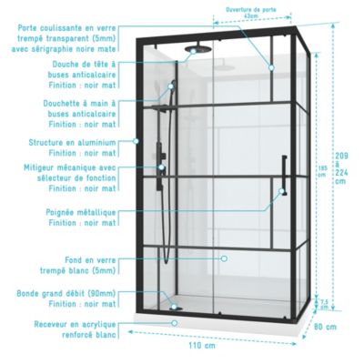 Cabine de douche l.80 x L.110 x H.210 cm – mitigeur mécanique, blanc et noir effet verrière, Galedo Graphic