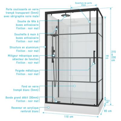 Cabine de douche l.80 x L.110 x H.215 cm – sérigraphie graphic, design noir & blanc effet verrière, Galedo Graphic