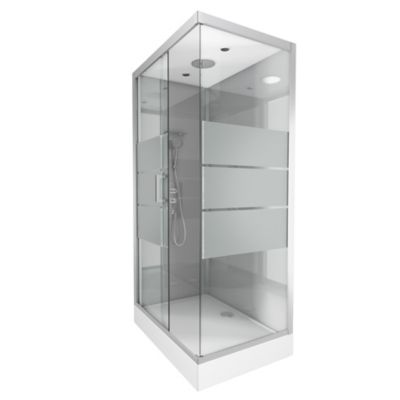 Cabine de douche l.80 x L.110 x H.215 cm – structure gris métal, sérigraphie 3 bandes, porte coulissante, Galedo River 2