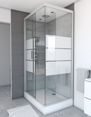 Cabine de douche l.80 x L.110 x H.215 cm – structure gris métal, sérigraphie 3 bandes, porte coulissante, Galedo River 2