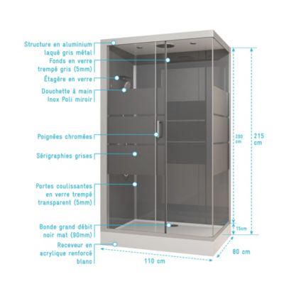 Cabine de douche l.80 x L.110 x H.215 cm – structure gris métal, sérigraphie 3 bandes, porte coulissante, Galedo River 2