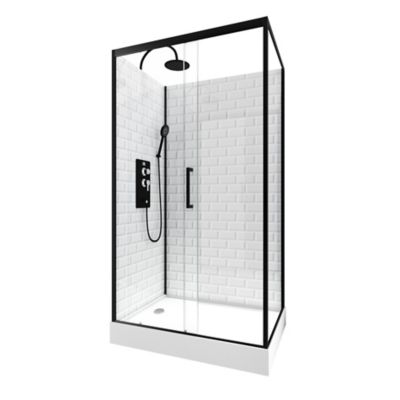 Cabine de douche L.80 x L.110 x H.230 cm – fond effet métro, douchette anticalcaire, style noir & blanc, Galedo Metro