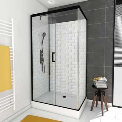 Cabine de douche L.80 x L.110 x H.230 cm – fond effet métro, douchette anticalcaire, style noir & blanc, Galedo Metro