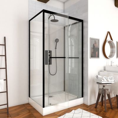 Cabine de douche l.80 x L.110 x H.230 cm – porte pivotante, style industriel noir & blanc avec profilés noirs, Galedo City