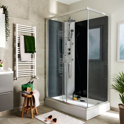 Cabine de douche l.80 x L.120 x H.225 cm – hydromassante, grise, profilés chromés, montage rapide, GoodHome Onega