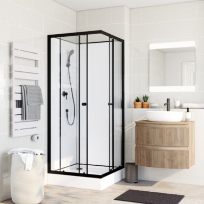 Cabine de douche l.80 x L.80 x H.200 cm – cabine d'angle, montage sans silicone, fond blanc et profilés noirs, GoodHome Arkell