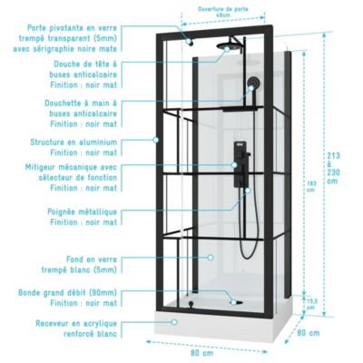 Cabine de douche l.80 x L.80 x H.213 cm – sérigraphie graphic, porte pivotante, design noir & blanc effet verrière, Galedo Graphic