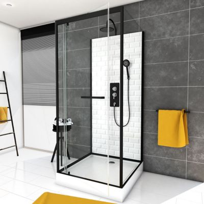 Cabine de douche l.80 x L.80 x H.230 cm – fond effet métro, douchette anticalcaire, style noir & blanc, Galedo Metro
