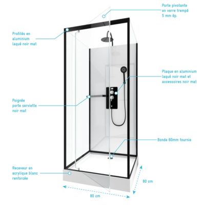 Cabine de douche l.80 x L.80 x H.230 cm – porte pivotante, style industriel noir & blanc, grande ouverture, Galedo City