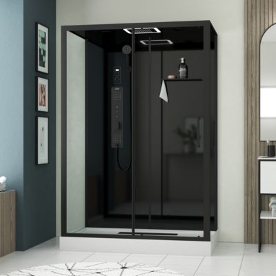 Cabine de douche l.85 x L.140 x H.218 cm – XXL, hydromassante connectée, Bluetooth, noir & blanc, Galedo Aura