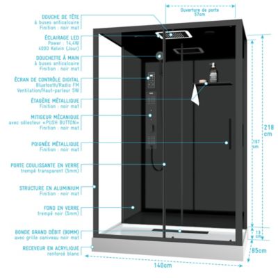 Cabine de douche l.85 x L.140 x H.218 cm – XXL, hydromassante connectée, Bluetooth, noir & blanc, Galedo Aura
