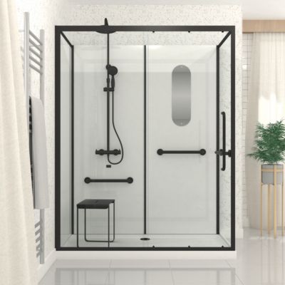 Cabine de douche l.85 x L.160 x H.200 cm – colonne thermostatique, noir & blanc, siège, large ouverture, Galedo Access 2