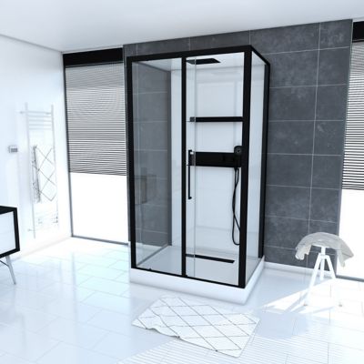 Cabine de douche l.90 x L.115 x H.215 cm – caniveau noir mat, style industriel noir & blanc, Galedo Phantom 3