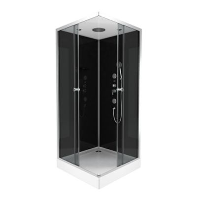 Cabine de douche l.90 x L.90 x H.215 cm – hydromassante, fond noir verre trempé, profilés chromés, tablette, Galedo Black 2