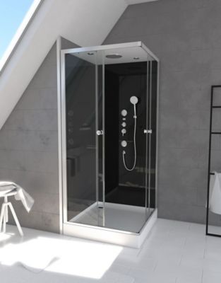 Cabine de douche l.90 x L.90 x H.215 cm – hydromassante, fond noir verre trempé, profilés chromés, tablette, Galedo Black 2