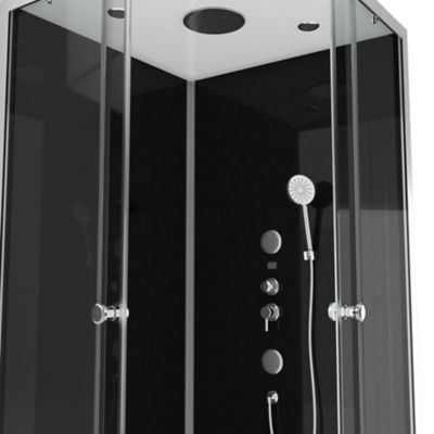 Cabine de douche l.90 x L.90 x H.215 cm – hydromassante, fond noir verre trempé, profilés chromés, tablette, Galedo Black 2
