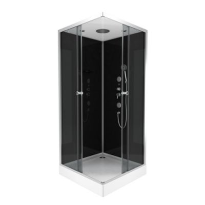 Cabine de douche l.90 x L.90 x H.215 cm – hydromassante, fond noir verre trempé, profilés chromés, tablette, Galedo Black 2