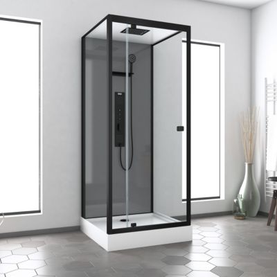 Cabine de douche l.90 x L.90 x H.215 cm – hydromassante multijets, bouton push, verre trempé, Galedo Trendy Grey