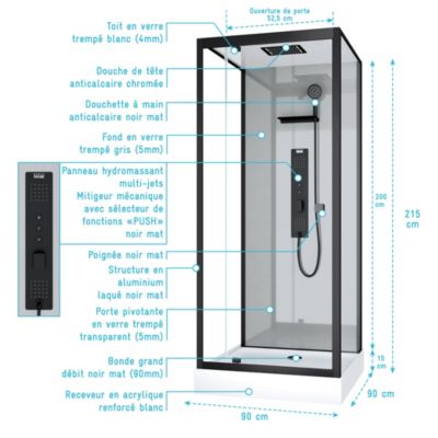 Cabine de douche l.90 x L.90 x H.215 cm – hydromassante multijets, bouton push, verre trempé, Galedo Trendy Grey