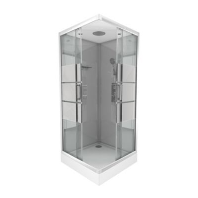 Cabine de douche l.90 x L.90 x H.215 cm – structure effet chrome, fond gris, sérigraphie 3 bandes, Galedo River 2 Square