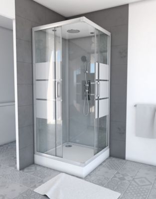 Cabine de douche l.90 x L.90 x H.215 cm – structure effet chrome, fond gris, sérigraphie 3 bandes, Galedo River 2 Square