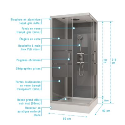 Cabine de douche l.90 x L.90 x H.215 cm – structure effet chrome, fond gris, sérigraphie 3 bandes, Galedo River 2 Square