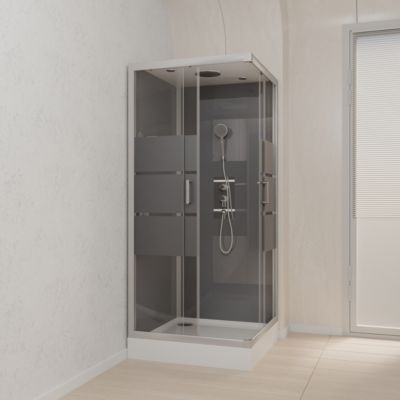 Cabine de douche l.90 x L.90 x H.215 cm – structure effet chrome, fond gris, sérigraphie 3 bandes, Galedo River 2 Square