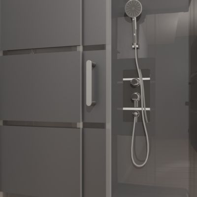 Cabine de douche l.90 x L.90 x H.215 cm – structure effet chrome, fond gris, sérigraphie 3 bandes, Galedo River 2 Square