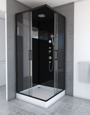 Cabine de douche l.90 x L.90 x H.230 cm – design noir, hydromassante, miroir intégré, portes coulissantes, Galedo Mirror 2 Square