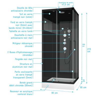 Cabine de douche l.90 x L.90 x H.230 cm – design noir, hydromassante, miroir intégré, portes coulissantes, Galedo Mirror 2 Square