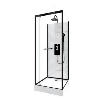 Cabine de douche l.90 x L.90 x H.230 cm – fond effet métro, douchette anticalcaire, style noir & blanc, Galedo Metro