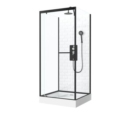 Cabine de douche l.90 x L.90 x H.230 cm – fond effet métro, douchette anticalcaire, style noir & blanc, Galedo Metro