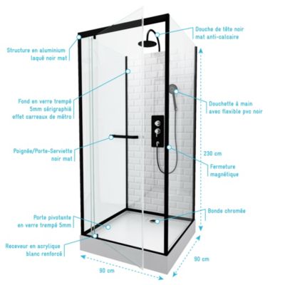 Cabine de douche l.90 x L.90 x H.230 cm – fond effet métro, douchette anticalcaire, style noir & blanc, Galedo Metro