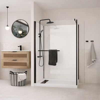 Cabine de Douche à l'Italienne 120x90 - Colonne Thermostatique Noire et Receveur Bas Effet Pierre