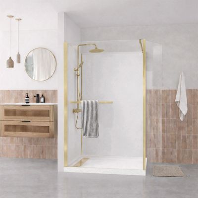 Cabine de Douche à l'Italienne 120x90 Colonne Thermostatique Or Brossé et Receveur Bas Effet Pierre