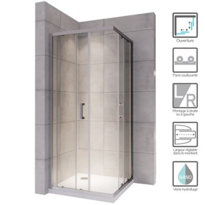 Cabine de douche LANA portes coulissantes H.185 cm verre 6 mm transparent 90 x 90 cm - Saniverre